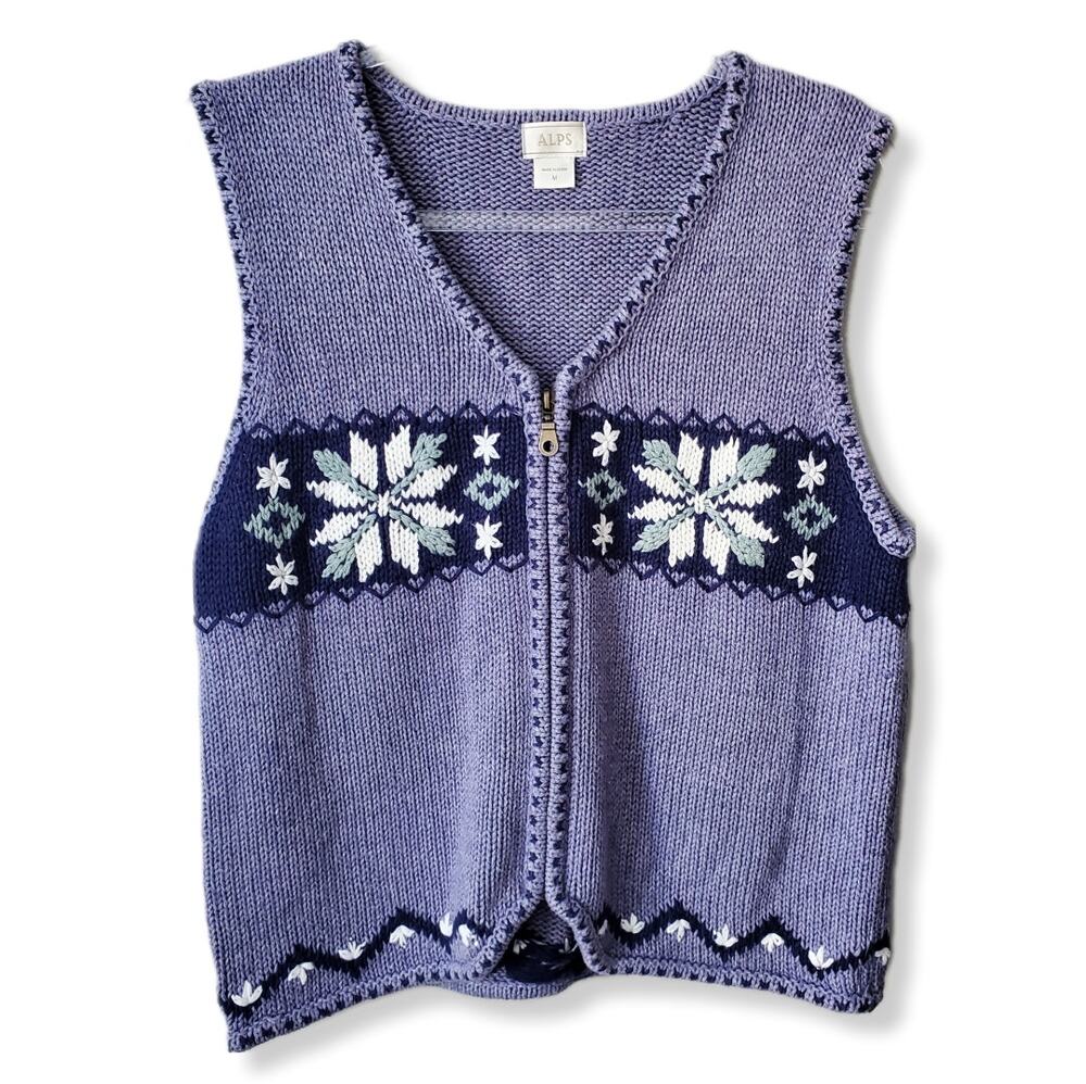 Women ALPS Zip Nordic Purple Cardigan Sweater Vest M Cozy Scandi Fall Winter
